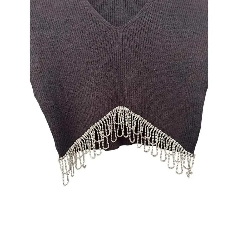 ZARA Gray Ribbed Knit Cropped Sweater w/ Pearl Rhinestone Fringe Hem - Size‎ M